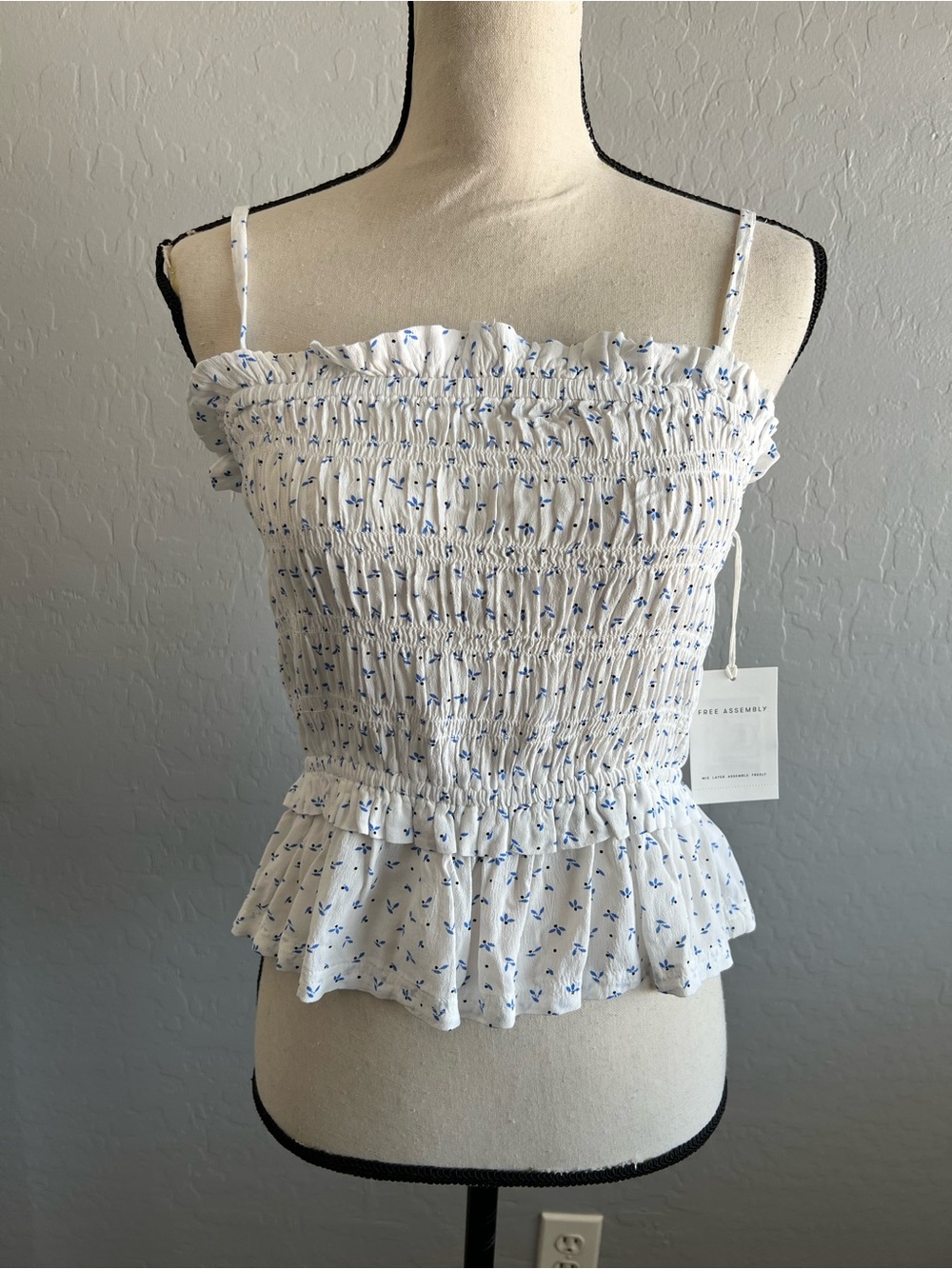 Free Assembly Smocked White and Blue Floral Peplum Cami Top